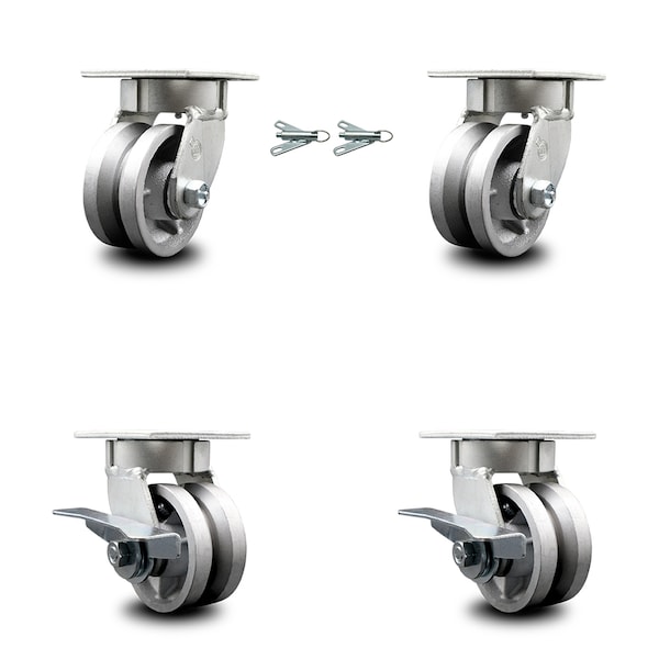 4 Inch Kingpinless V Groove Semi Steel Wheel Caster Swivel Locks 2 Brakes, 2PK